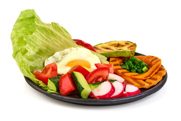 Vegetable Salad with Fried Egg, isolated on white background