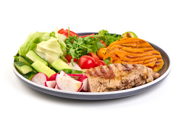 Pork Salad Plate, Grilled Sweet Potato, isolated on white background