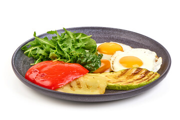 Fried Eggs, Grilled Vegetables Plate, isolated on white background