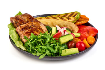 Grilled Pork Vegetable Plate, isolated on white background