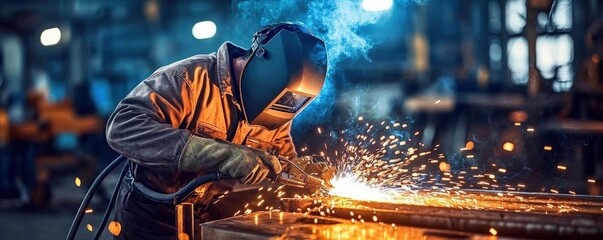 A welder wearing protective gear works intensely, producing bright sparks and smoke in an industrial workshop setting.