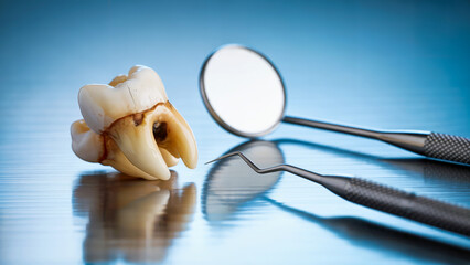 Dental Concept Image Featuring a Human Molar and Mirror Explorer Tools on a Silver Reflective Surface