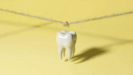Glossy White Tooth Dangling Midair by Thread Over Soft Yellow Backdrop
