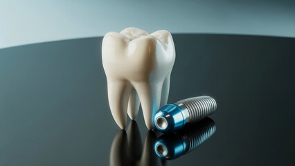 Human Tooth and Implant Side by Side on Shiny Surface with Gradient Blue Background