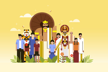 Mythological king 'Mahabali' standing with a group of people. Concept of Onam festival in Kerala