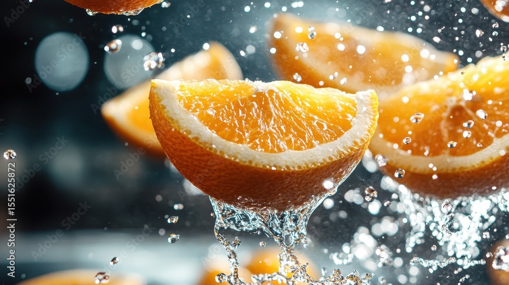 Poster slices of oranges being splashed with water droplets, creating a lively visual representation of fre