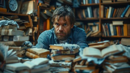 In a cozy library filled with stacks of books, a focused man contemplates the wealth of knowledge around him, blending intellect and an atmosphere of literary nostalgia.