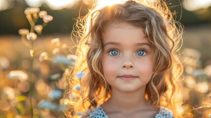 Fototapeta premium A heartwarming portrait of a young girl standing in a sunlit flower field, radiating innocence and joy, perfectly capturing the beauty of childhood and nature's splendor.