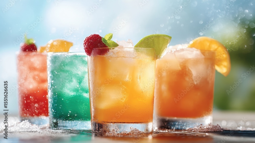 Poster a colorful array of refreshing cocktails served in clear glasses, featuring ice and garnished with f