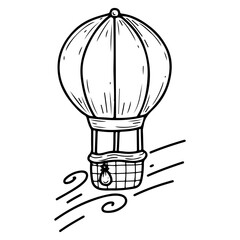 Hot air balloon flying machine. Hand drawn doodle vector. Basket for the flight of the pilot and passengers. Illustration line art element.