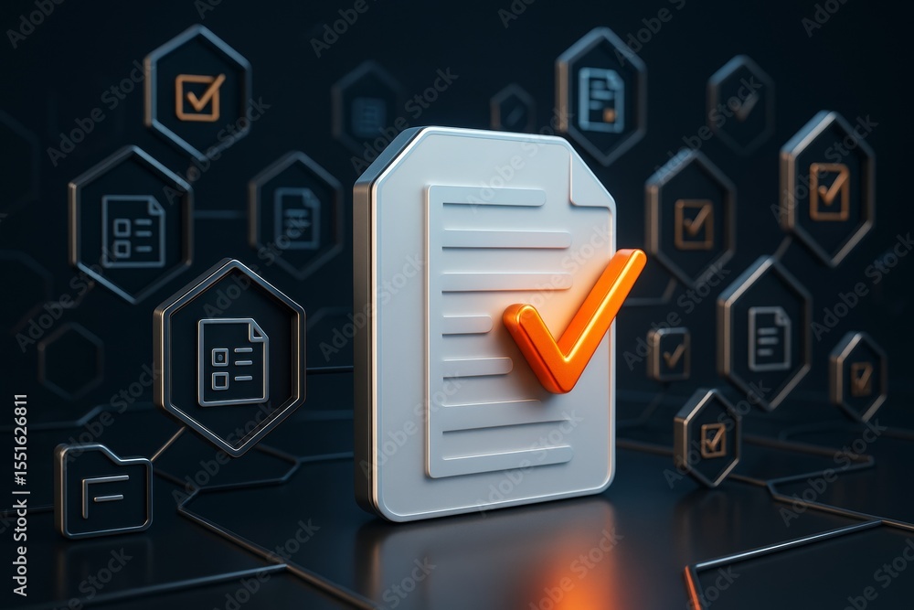 Aufkleber Approved document icon with orange checkmark on digital futuristic dark background illustrating data verification and document validation concept.