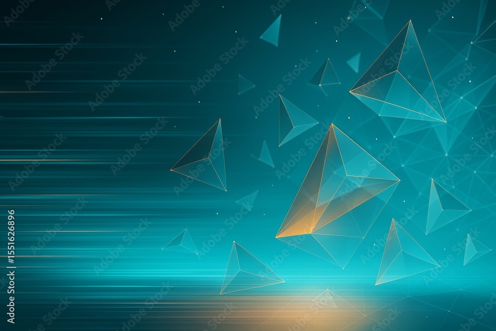 Poster Futuristic geometric crystal shapes floating in digital space with glowing lines and teal background in a light-based abstract graphic style.
