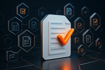 Approved document icon with orange checkmark on digital futuristic dark background illustrating data verification and document validation concept.