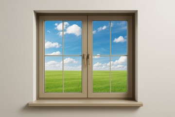 Sunny landscape with green field and cloudy blue sky viewed through a closed beige-framed window from inside a room with light walls.