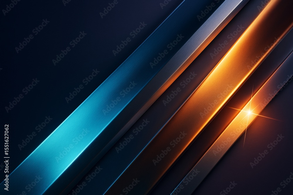 Poster abstract metallic diagonal lines with glowing blue and orange light on dark background, futuristic g