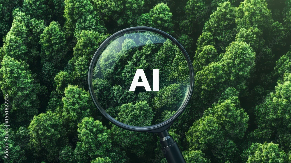 Poster ai magnification a close up view of a magnifying glass displaying ai text on a lush green foliage ba