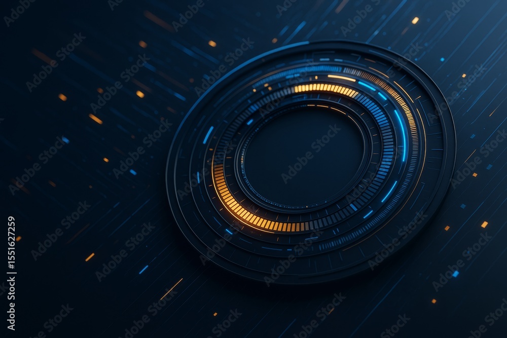 Poster Futuristic circular digital interface with glowing orange and blue lights on dark tech background in modern abstract style. Ai generative.