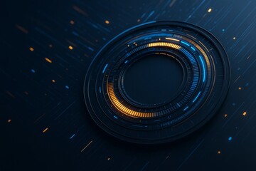 Futuristic circular digital interface with glowing orange and blue lights on dark tech background in modern abstract style. Ai generative.