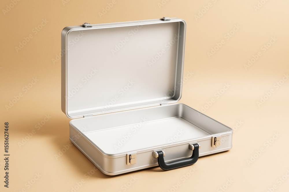 Poster Open silver metallic suitcase with black handle standing on beige background with clean minimal design and empty interior for branding or mockup.