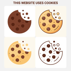 Cookies with bites taken out. Four stylized vector illustration symbolizing internet cookies. Ideal for website banners, privacy notices, or UX messages "this site uses cookies". Clean, modern design.