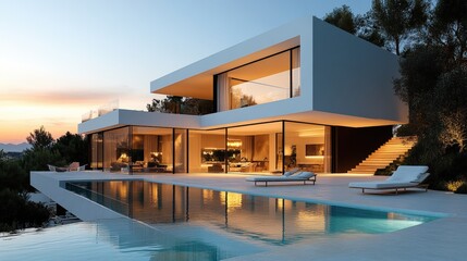 Fototapeta premium Modern luxury house with large glass windows, an infinity pool, and outdoor lounge chairs, set in a serene natural environment at sunset.