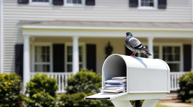 Open mailbox with envelopes and a pigeon resting, traditional rural home and trimmed yard on a clear sunny day
