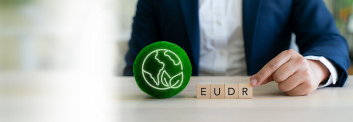 EUDR Environmental Responsibility Concept. EU Deforestation Regulation (EUDR). Wooden blocks...