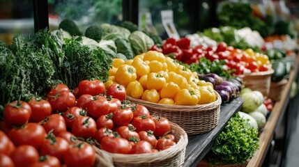 A vibrant assortment of fresh vegetables is beautifully arranged at a market stall, symbolizing health, abundance, and nature's offerings in a captivating display.