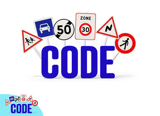 texte CODE avec panneaux routiers - auto école - rendu 3D sur fond transparent