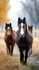 Obraz premium Horses walking through a misty field at dawn with autumn foliage in the background