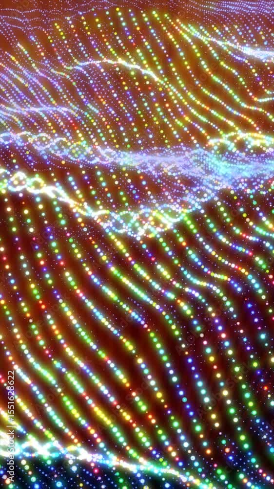 Poster abstract rainbow waves composed of multicolored glowing dots in a dynamic fluid pattern