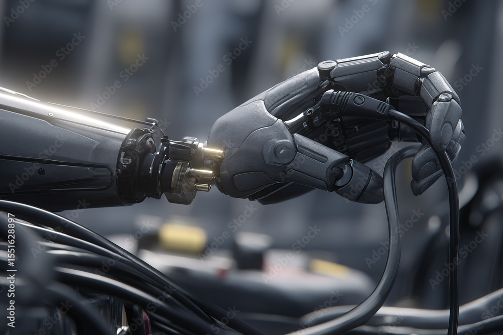 Poster close-up of a robotic hand connecting wires in a modern high-tech environment during a workshop
