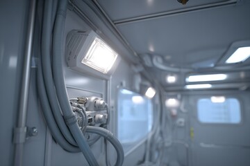 Modern industrial interior featuring lighting and electrical installations in a minimalist design space