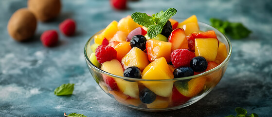 Colorful Fruit Salad in a Glass Bowl with Fresh Mint Garnish