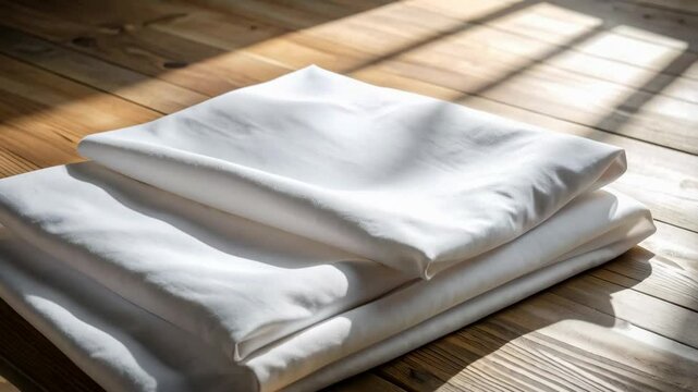 Folded stack of white sheets on a wood floor in sunlight, clean linen pile, minimalist aesthetic, laundry day concept, fresh folded linens