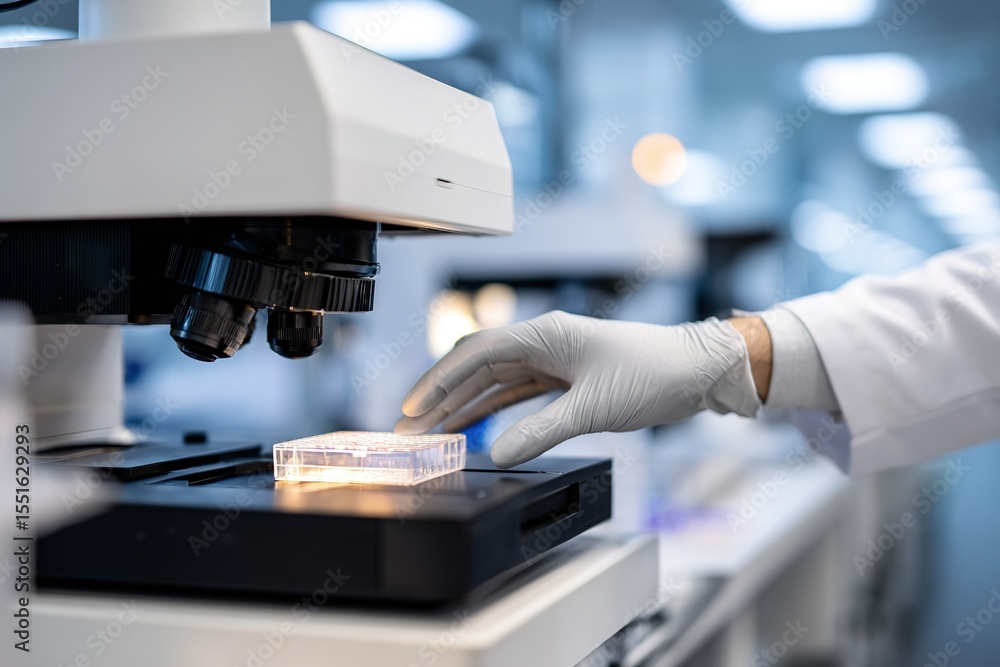 Poster researcher conducts experiment using microscope in modern laboratory setting