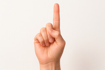 A close-up of a hand showing the number one gesture with one finger extended, isolated on a white background with sharp detail and pink skin tones.