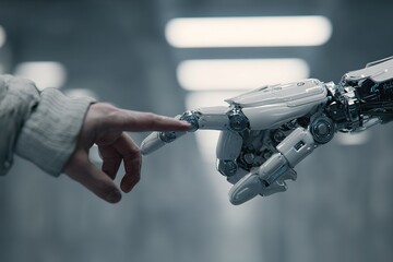 Human and robot fingers almost touch in a moment of connection inside a futuristic environment