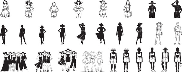 Diverse group of women in summer fashion line art and silhouettes