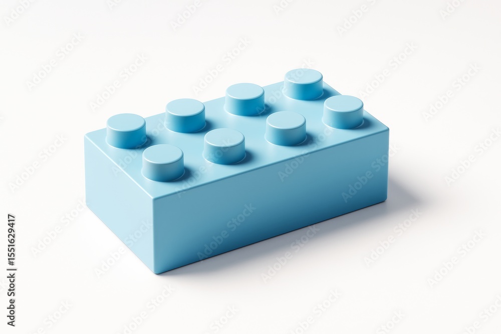 Poster bright blue toy building block with eight studs placed on a clean white background, representing cre