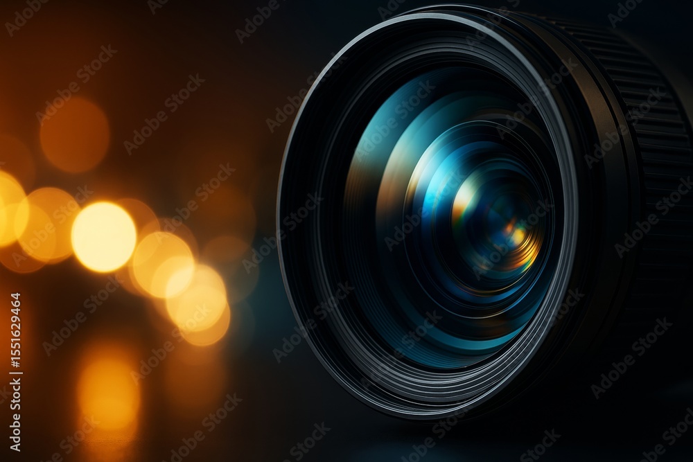 Poster close-up of camera lens with colorful reflections and abstract bokeh light background, symbolizing p