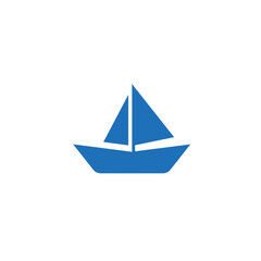 Stylized Blue Sailboat Icon with Triangular Sail and Trapezoidal Hull.