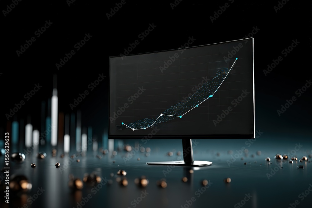 Poster data analysis on a modern monitor showcasing a growth trend on a dark background with abstract eleme