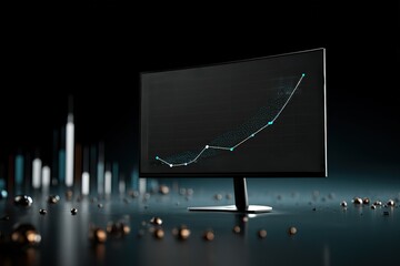 Data analysis on a modern monitor showcasing a growth trend on a dark background with abstract elements