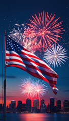 A majestic American flag waving in the wind with vibrant red, white, and blue fireworks lighting up the night sky