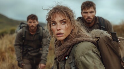 Fototapeta premium A group of three adventurous individuals traverse a rugged landscape, showcasing their determination and spirit in a natural environment filled with challenges and intrigue.