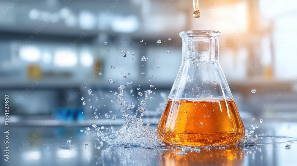 Poster a dynamic laboratory scene captures the moment of a colorful liquid reaction in a flask, demonstrati