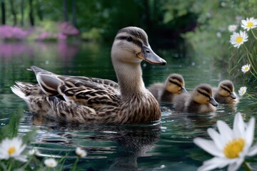 Obraz premium Mother duck swims in calm pond with her adorable ducklings during a sunny spring day