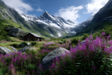 Obraz premium Beautiful mountain valley with blooming flowers and a rustic cabin under a blue sky
