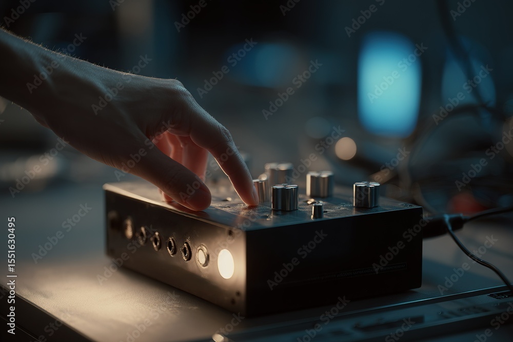 Poster adjusting sound settings on an audio mixer in a dimly lit studio during recording session
